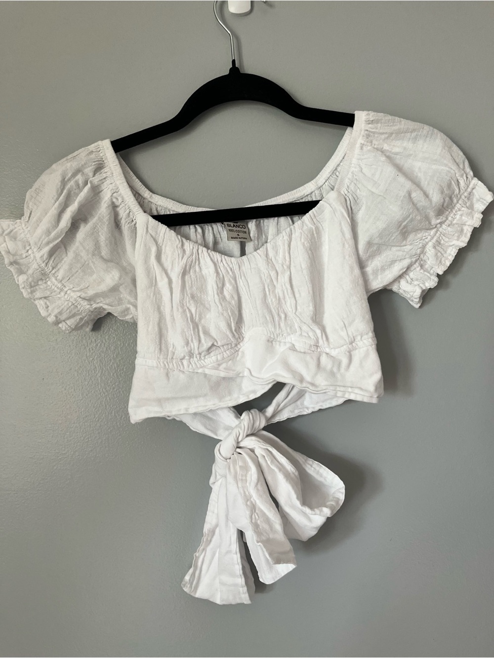 Blanco White Cotton Tie Back Puff Sleeve Crop Top Size Small